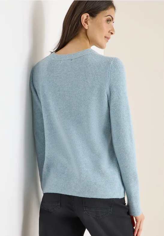 Feingerippter Rundhals-Strickpullover