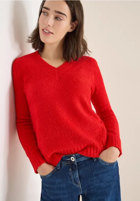 Strukturierter Bouclé-Pullover mit V-Ausschnitt