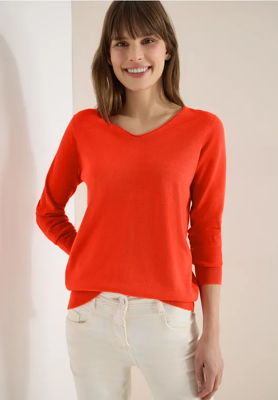 V-Ausschnitt Feinstrickpullover aus Baumwolle
