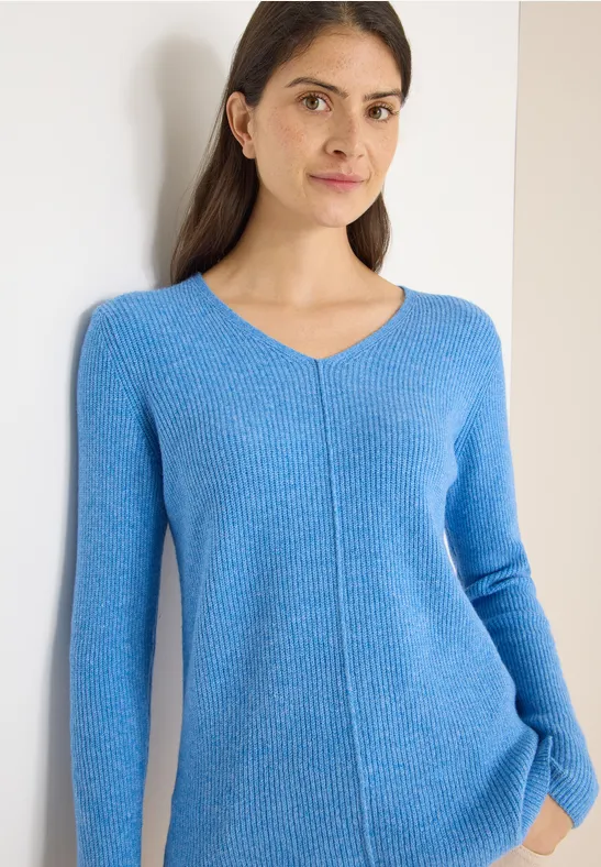 Rippstrick-Pullover mit V-Ausschnitt