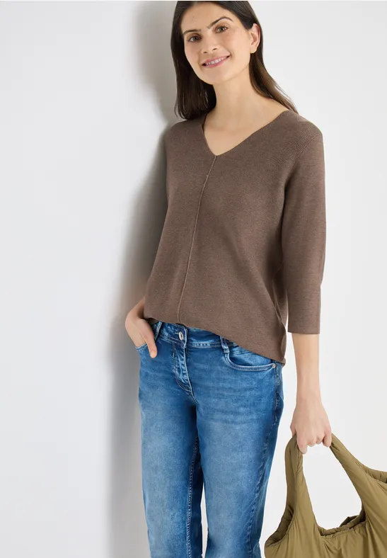Strukturierter V-Ausschnitt-Pullover mit 3/4-Arm