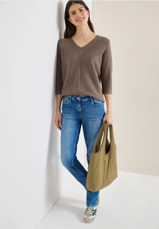 Strukturierter V-Ausschnitt-Pullover mit 3/4-Arm