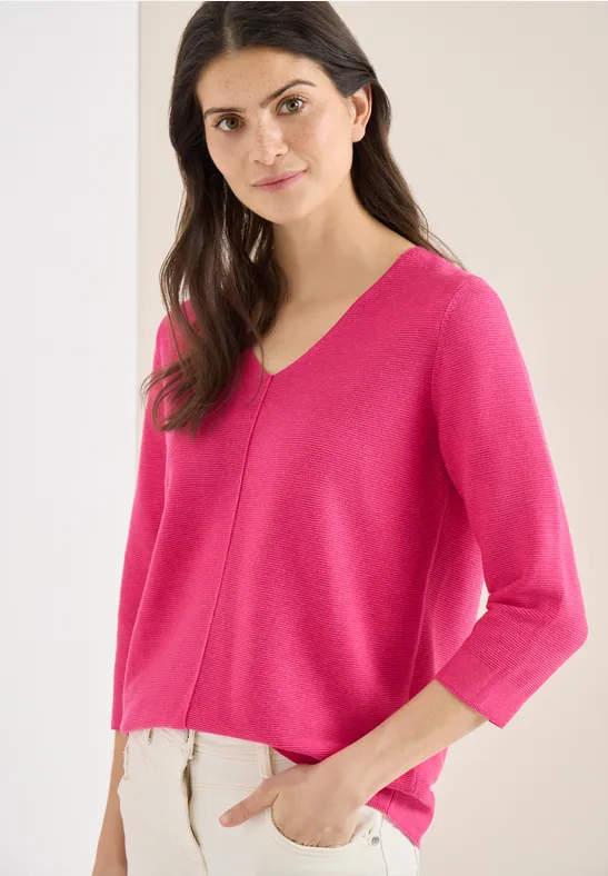 Strukturierter V-Ausschnitt-Pullover mit 3/4-Arm