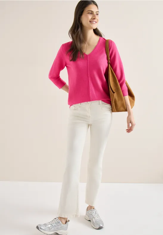 Strukturierter V-Ausschnitt-Pullover mit 3/4-Arm