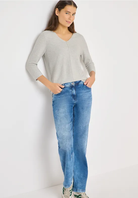 Strukturpullover mit 3/4-Arm und V-Ausschnitt