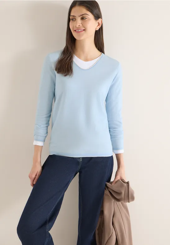 Zweifarbiger Pullover mit Rund-V-Ausschnitt