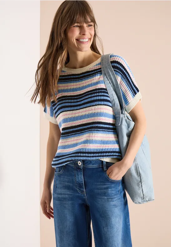 Gestreifter Kurzarm-Strickpullover aus Bändchengarn