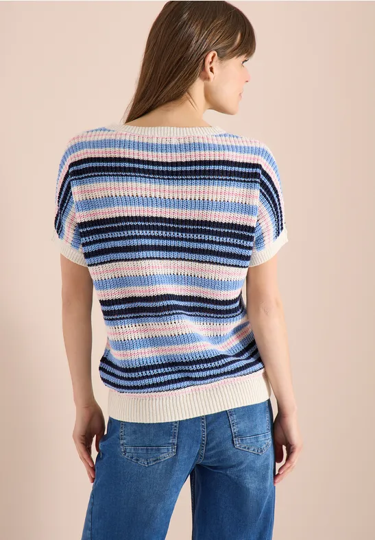 Gestreifter Kurzarm-Strickpullover aus Bändchengarn