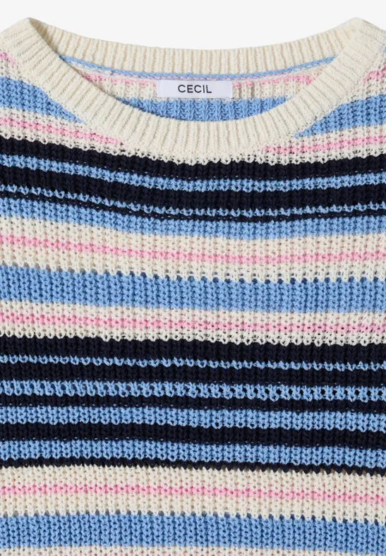 Gestreifter Kurzarm-Strickpullover aus Bändchengarn