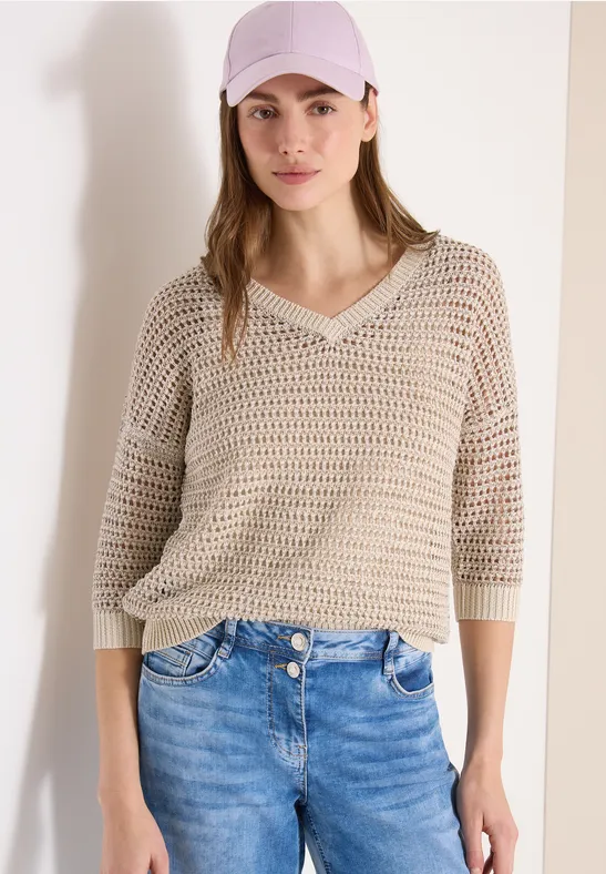 Strukturierter V-Ausschnitt Strickpullover