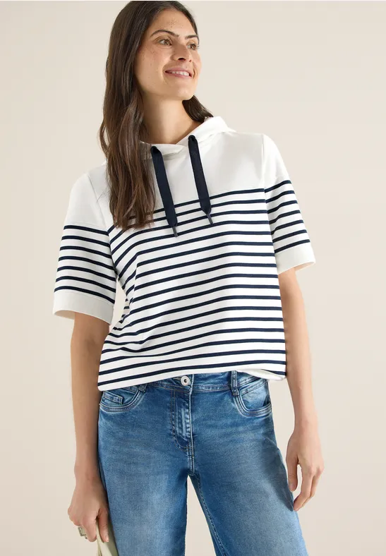 Gestreiftes Kurzarm-Sweatshirt mit Kapuze