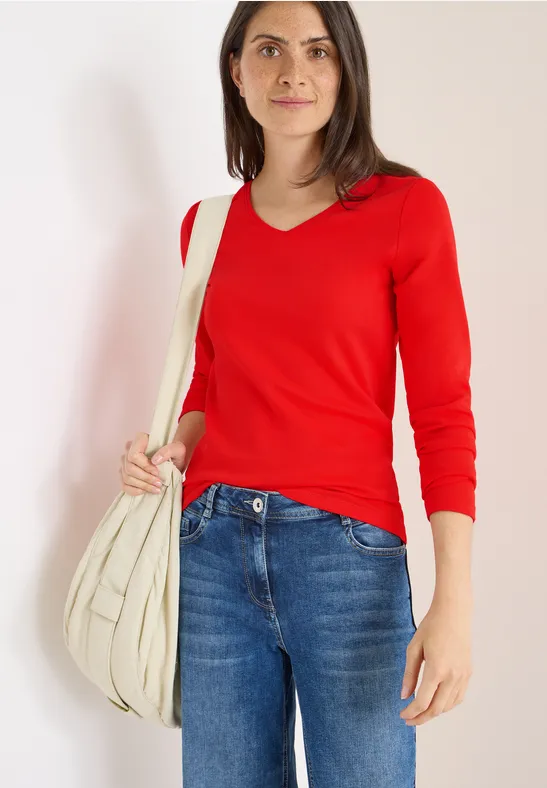 Essentielles V-Ausschnitt Baumwoll-Langarmshirt