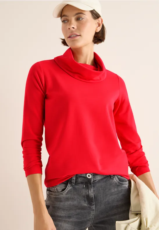 Langarmshirt mit drapiertem Wasserfallkragen