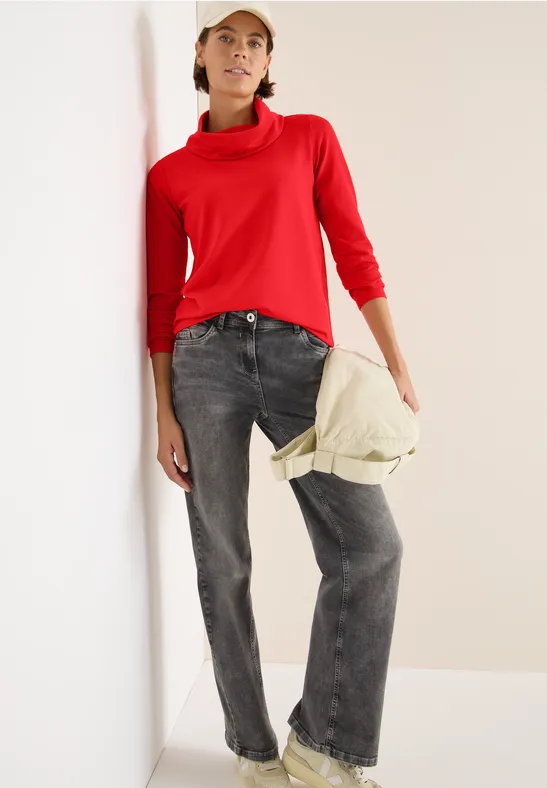 Langarmshirt mit drapiertem Wasserfallkragen