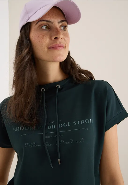 Jersey-T-Shirt mit Tunnelzug-Stehkragen
