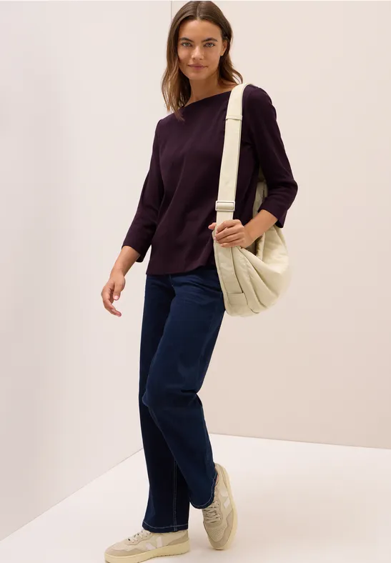 Rippshirt mit U-Boot-Ausschnitt und 3/4-Arm
