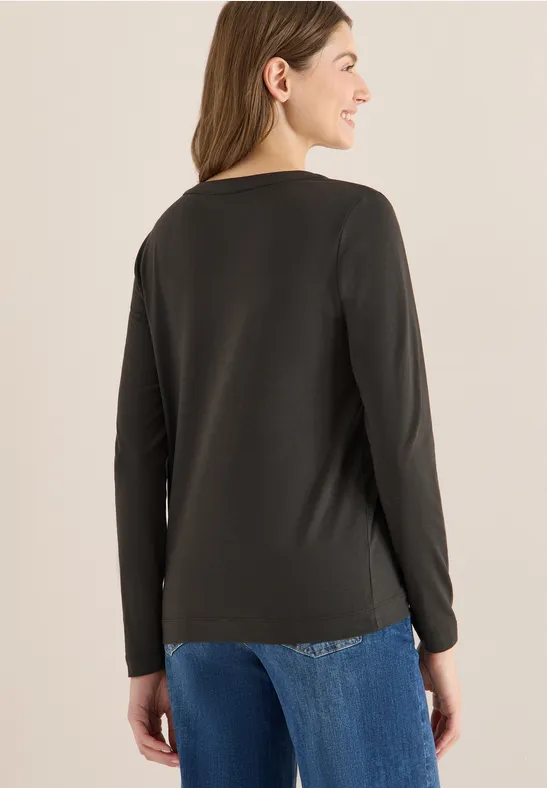 Langarm-Tunika-Shirt mit geschlitztem Ausschnitt