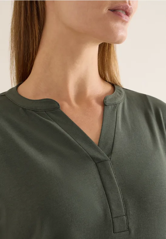 Langarm-Tunika-Shirt mit geschlitztem Ausschnitt