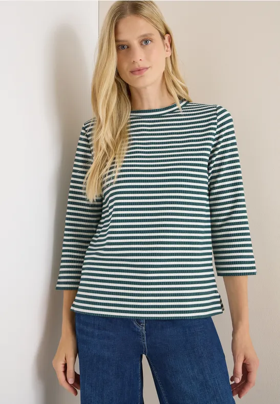 Gestreiftes Strukturshirt mit U-Boot-Ausschnitt