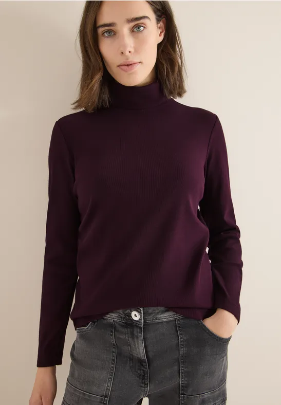 Geripptes Langarmshirt mit Stehkragen