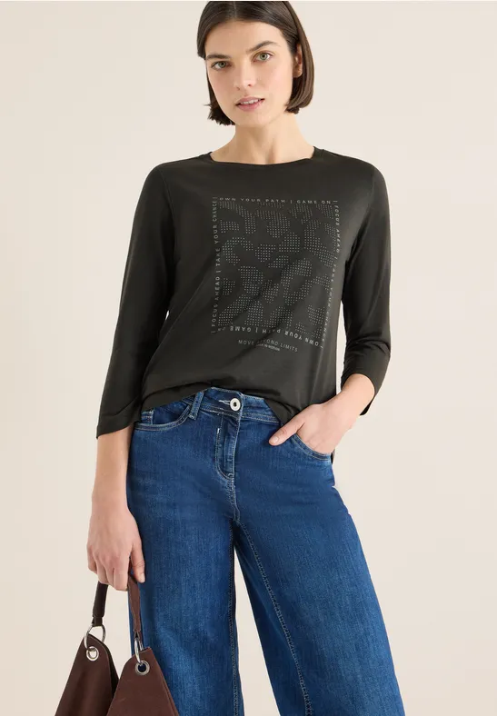 Shirt mit Frontprint und Schmucksteinen