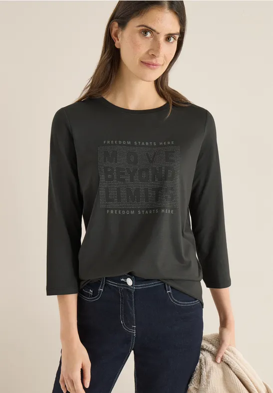 Shirt mit Frontprint und Schmucksteinen