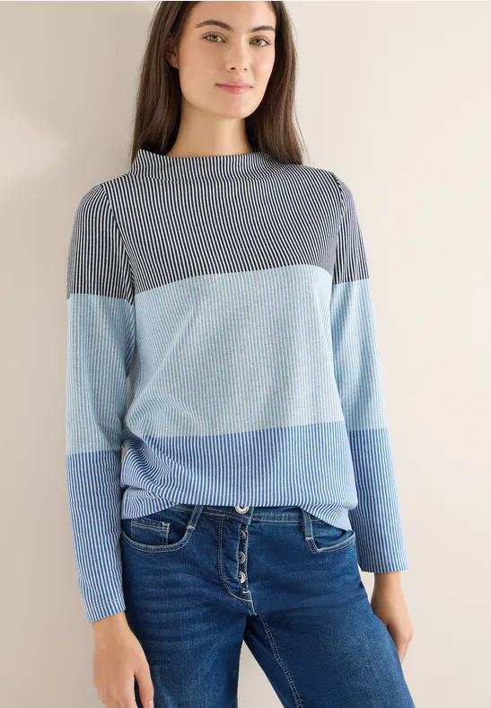 Gestreiftes Colorblock-Shirt mit Stehkragen