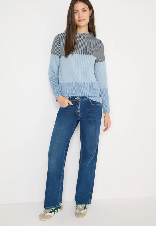 Gestreiftes Colorblock-Shirt mit Stehkragen