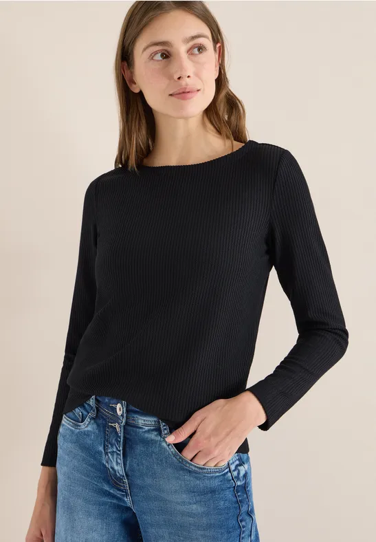 Rippstrick-Shirt mit U-Boot-Ausschnitt