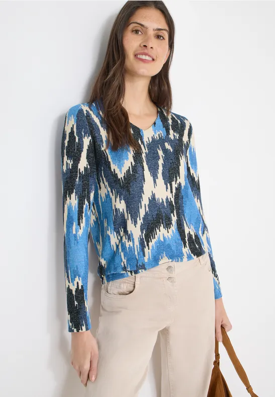 Langarmshirt mit V-Ausschnitt und Ikat-Muster