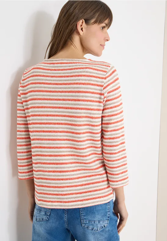 Gestreiftes Strukturshirt mit U-Boot-Ausschnitt