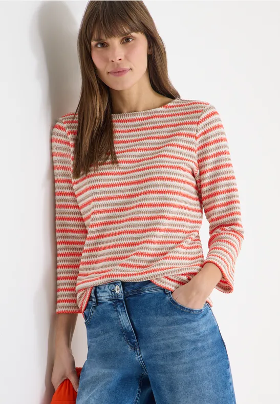Gestreiftes Strukturshirt mit U-Boot-Ausschnitt