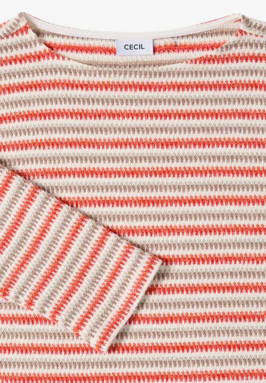 Gestreiftes Strukturshirt mit U-Boot-Ausschnitt