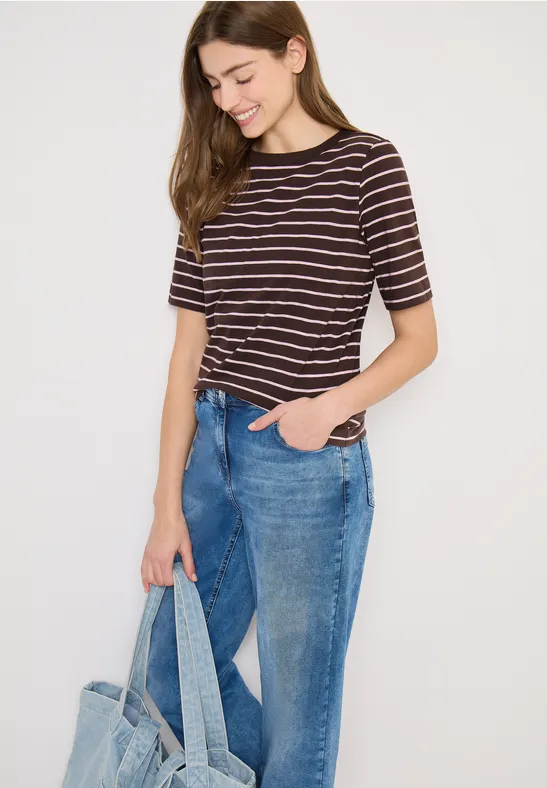 Gestreiftes Baumwoll-T-Shirt mit U-Boot-Ausschnitt