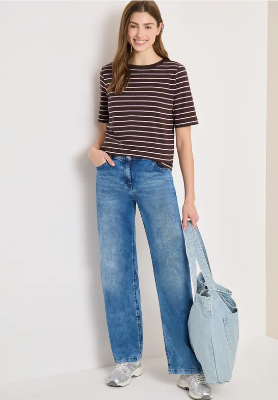 Gestreiftes Baumwoll-T-Shirt mit U-Boot-Ausschnitt
