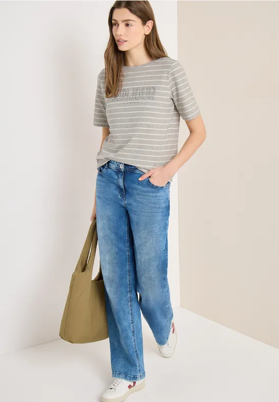 Gestreiftes T-Shirt mit Bonjour-Print