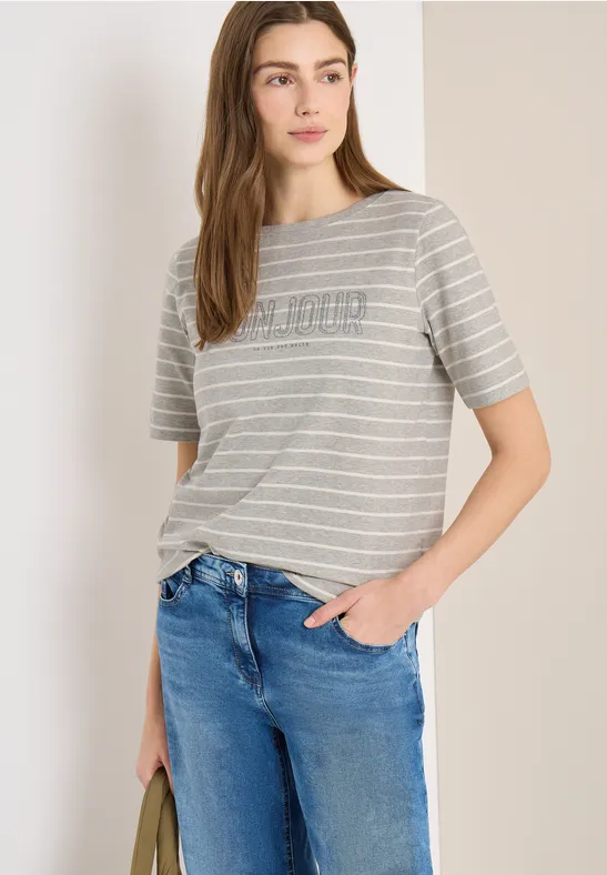 Gestreiftes T-Shirt mit Bonjour-Print