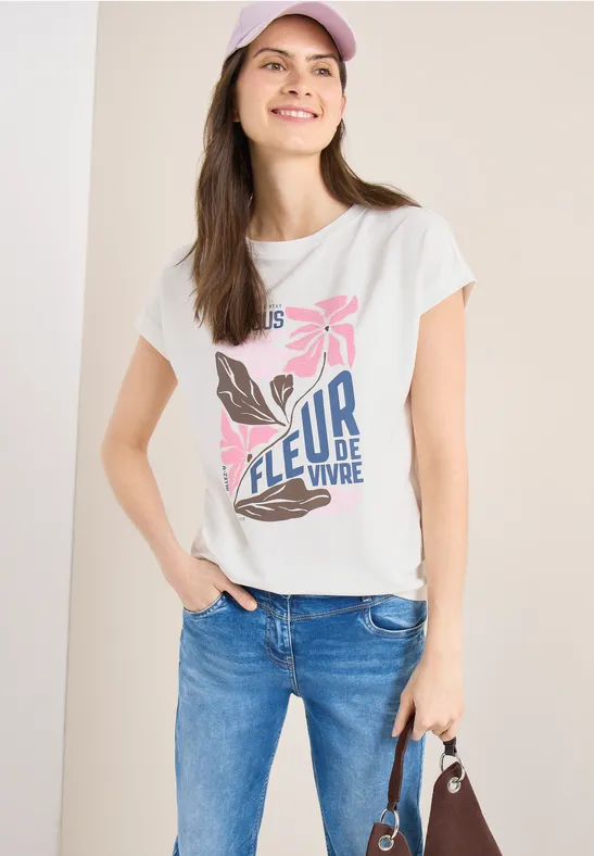 T-Shirt mit Blumen-Grafik und U-Boot-Ausschnitt
