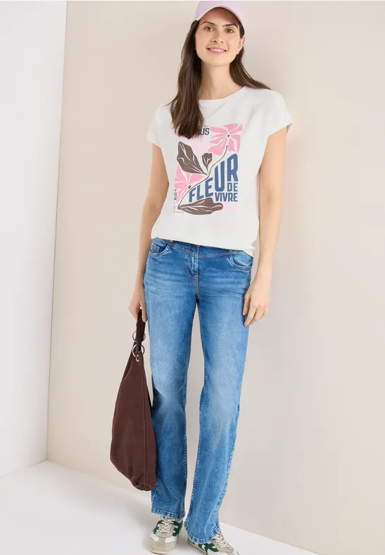 T-Shirt mit Blumen-Grafik und U-Boot-Ausschnitt