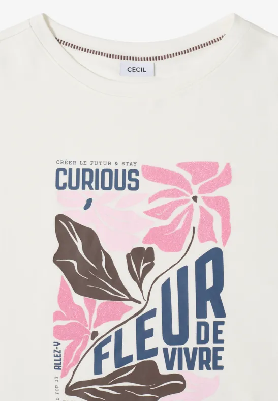 T-Shirt mit Blumen-Grafik und U-Boot-Ausschnitt