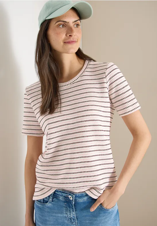 Strukturiertes Streifenshirt mit Kurzarm