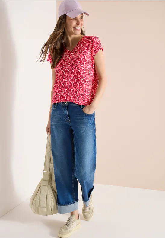Lässiges V-Ausschnitt-Shirt mit Muschelprint