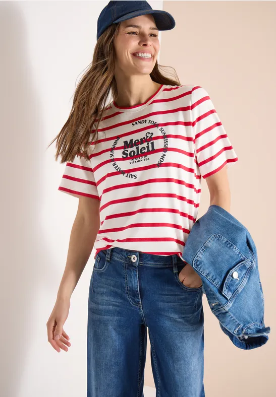 Gestreiftes Jersey-T-Shirt mit Grafikprint