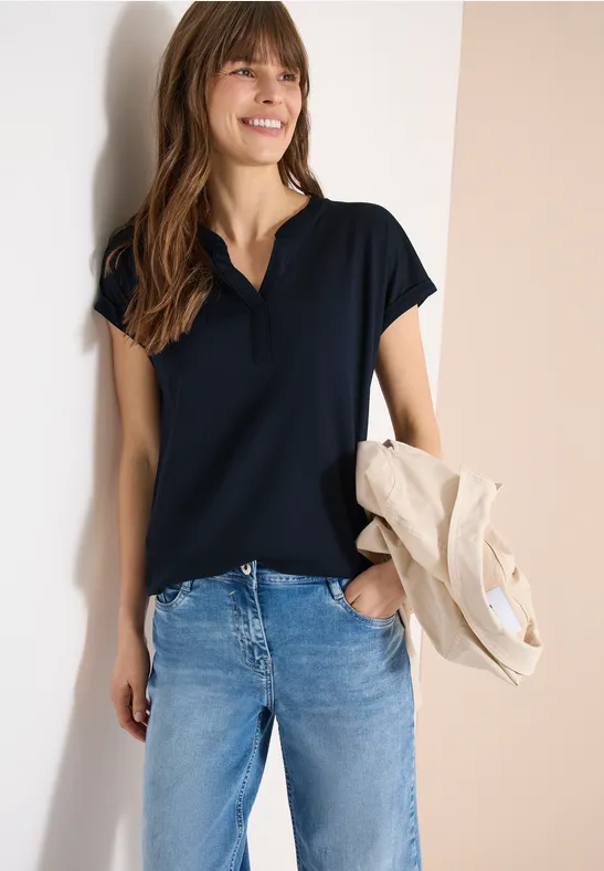 Kurzarmshirt mit Split-Neck im Tunika-Stil