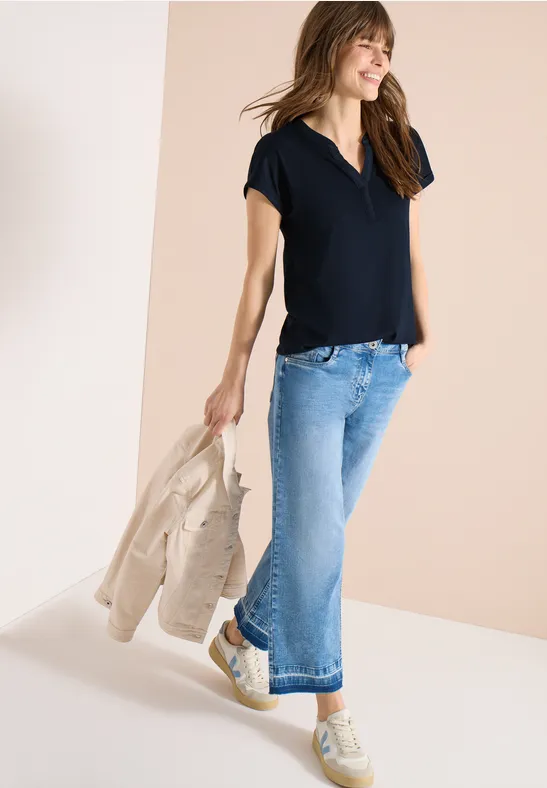 Kurzarmshirt mit Split-Neck im Tunika-Stil