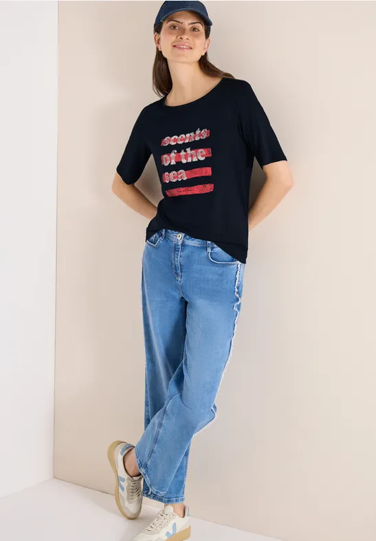 Jersey-Shirt mit Wording-Print und U-Boot-Ausschnitt