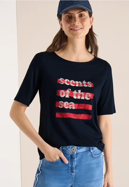Jersey-Shirt mit Wording-Print und U-Boot-Ausschnitt