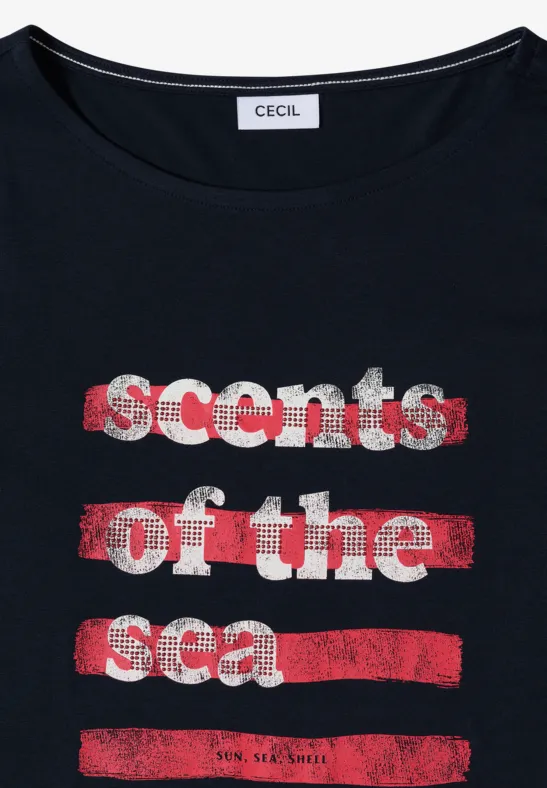 Jersey-Shirt mit Wording-Print und U-Boot-Ausschnitt