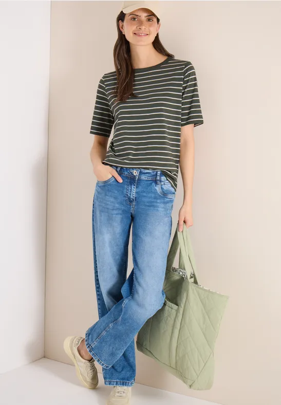 Gestreiftes Slub-Jersey-Shirt mit U-Boot-Ausschnitt