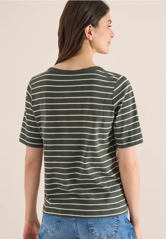Gestreiftes Slub-Jersey-Shirt mit U-Boot-Ausschnitt